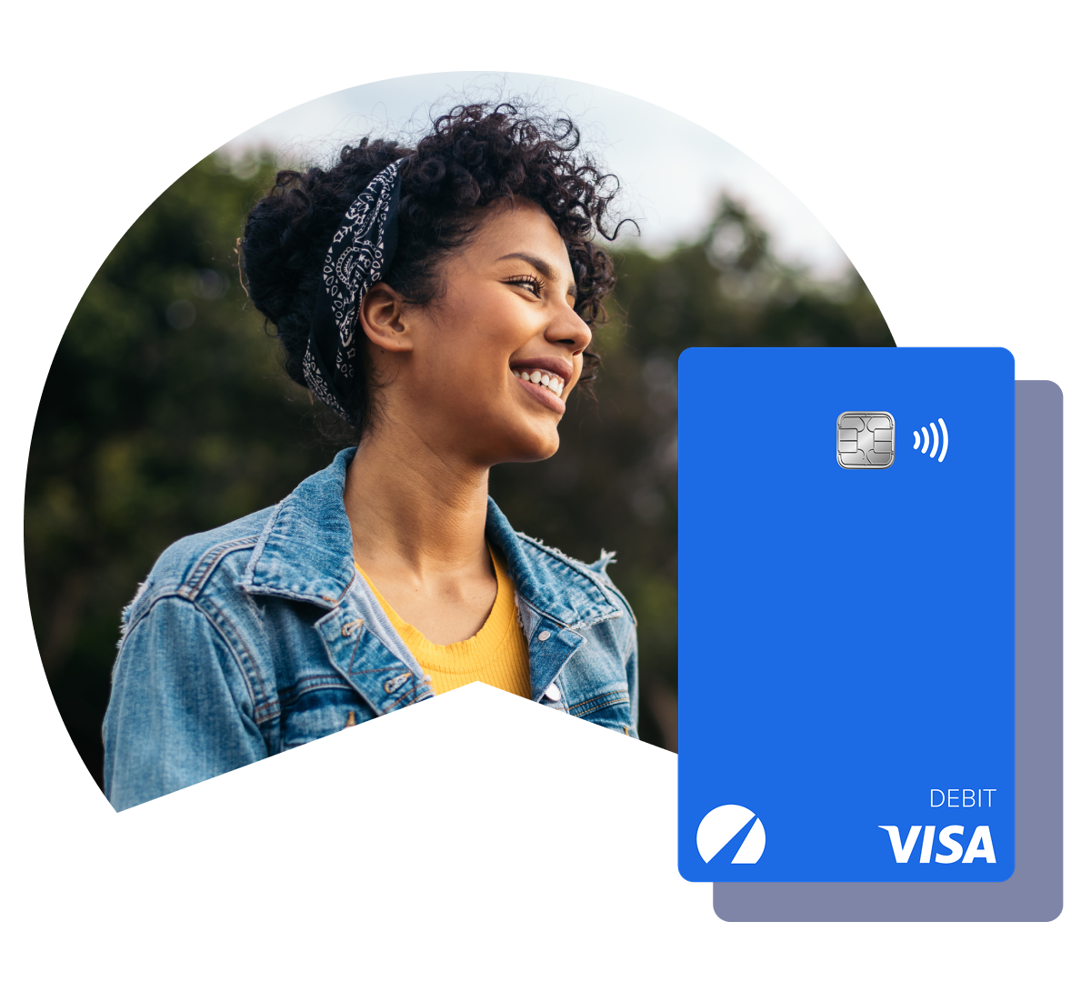 Image of a woman smiling and a visual of the Betterment checking card