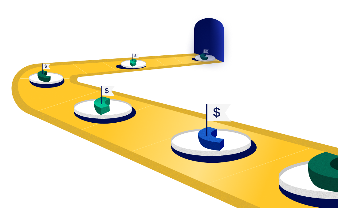 An illustration of a conveyor belt with hypothetical asset classes being served.