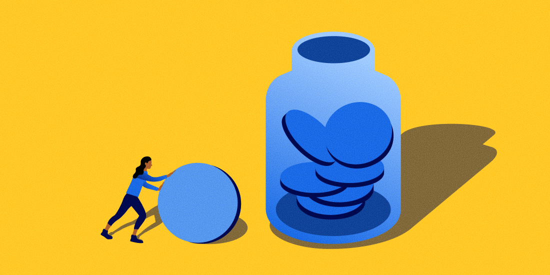 A person rolling a coin to a glass jar.